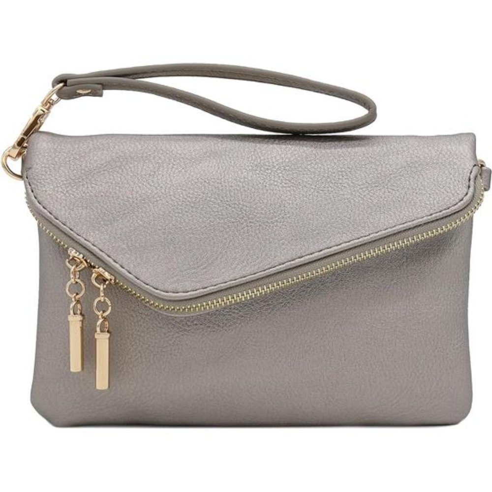 Trendy Leather Wristlet Clutch Crossbody Bag with Chain Strap Light Pewter